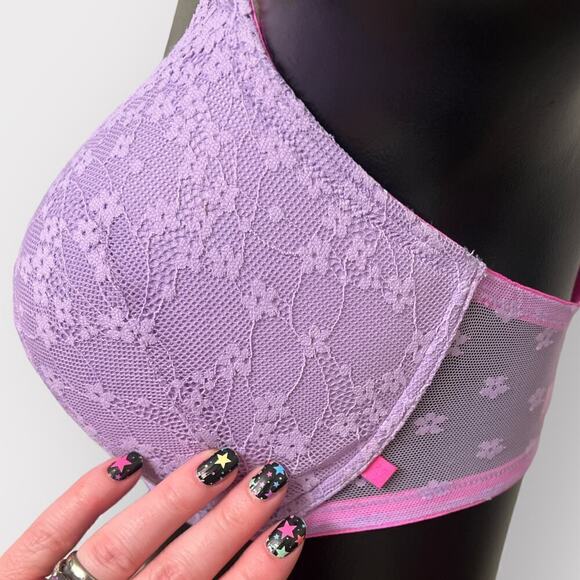 Victorias Secret Padded No-Wire Bra Womans 36DD Strappy Adjustable Lace Purple - Picture 7 of 11